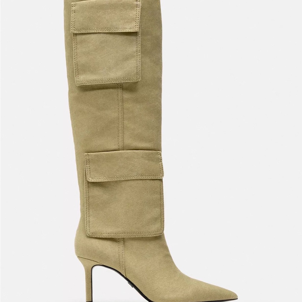 Zara Olive Suede Pointed-Toe Knee-High Boots with Flap Pockets